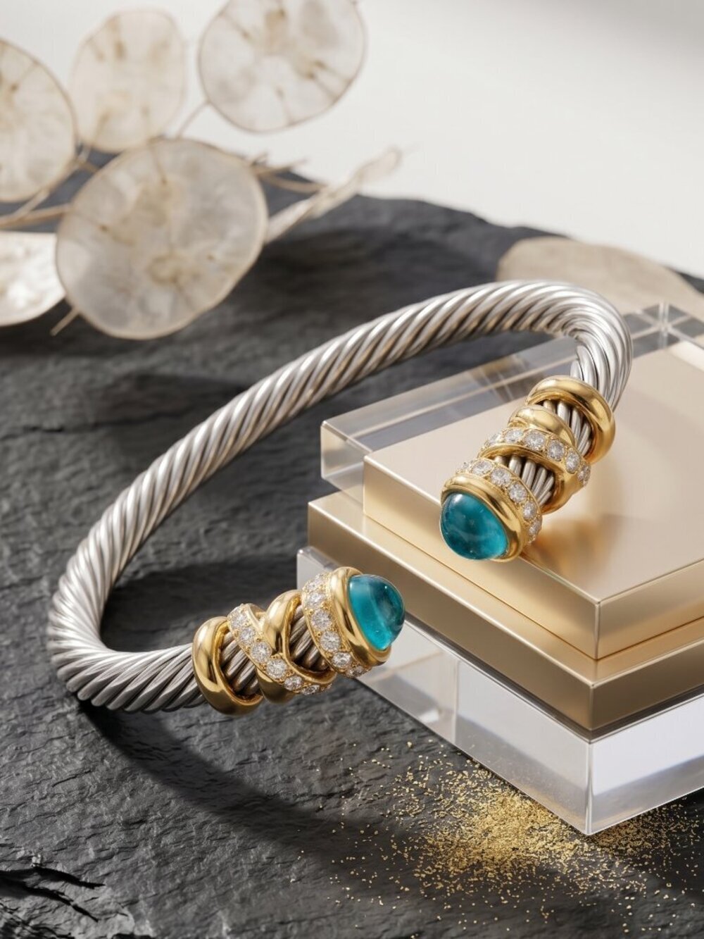 Two-Tone 18K Gold Plated Cable Cuff Mixed Metals Bracelet Turquoise Crystals